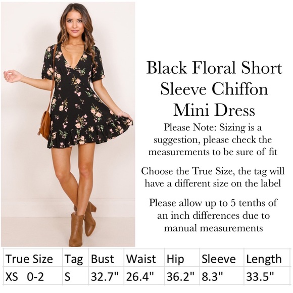 Boho Black Floral Short Sleeve Chiffon Mini Dress - Picture 16 of 16
